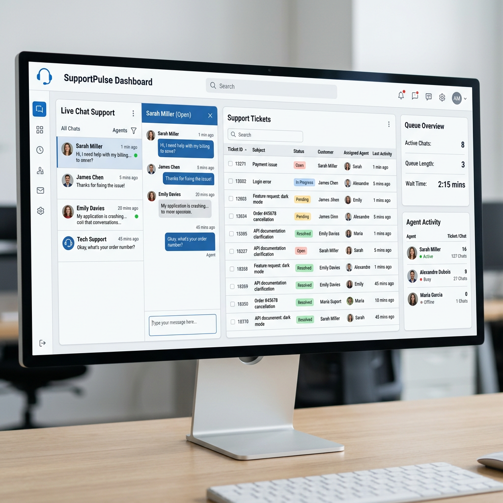 Customer support dashboard showing live chat messages, ticket statuses, queue overview, and agent activity