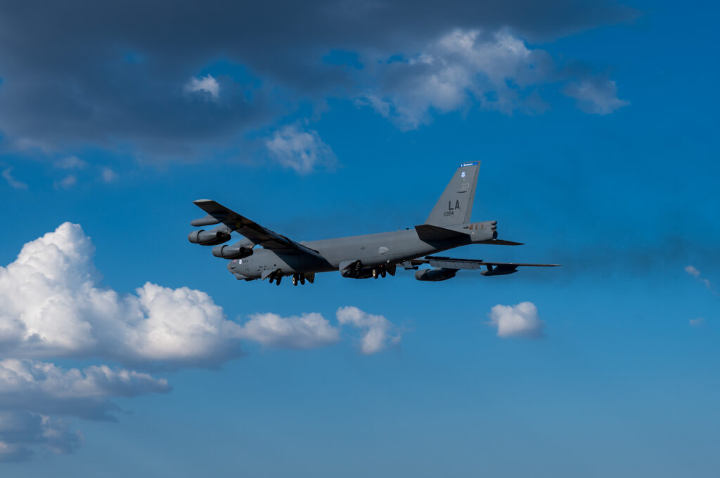 A B-52H Stratofortress from the 20th Bomb Squadron, Barksdale Air Force Base, La., takes off from Mihail Kogălniceanu Air Base, Romania, as part of Bomber Task Force Deployment 24-4, July 27, 2024.