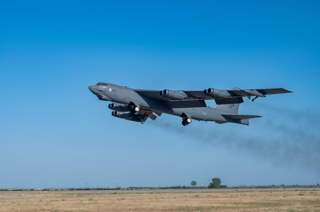 A B-52H Stratofortress from the 20th Bomb Squadron, Barksdale Air Force Base, La., takes off from Mihail Kogălniceanu Air Base, Romania, as part of Bomber Task Force Deployment 24-4, July 27, 2024.