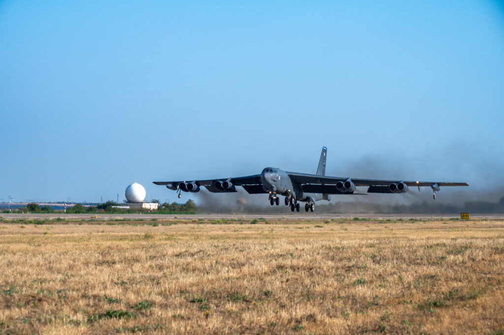 A B-52H Stratofortress from the 20th Bomb Squadron, Barksdale Air Force Base, La., takes off from Mihail Kogălniceanu Air Base, Romania, as part of Bomber Task Force Deployment 24-4, July 27, 2024.