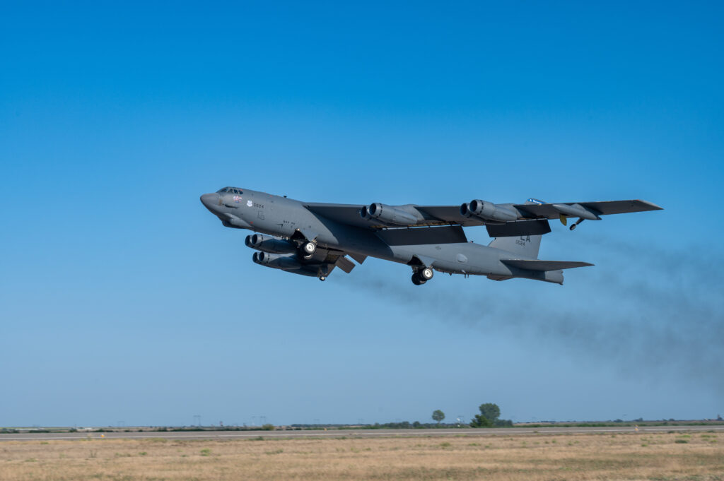 A B-52H Stratofortress from the 20th Bomb Squadron, Barksdale Air Force Base, La., takes off from Mihail Kogălniceanu Air Base, Romania, as part of Bomber Task Force Deployment 24-4, July 27, 2024.